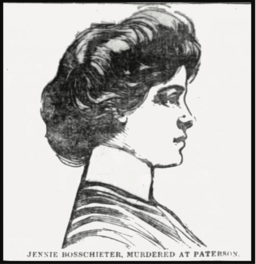 An ink drawing from the early twentieth century of a woman's profile. Below it says "Jennie Bosschieter, murdered at Paterson"