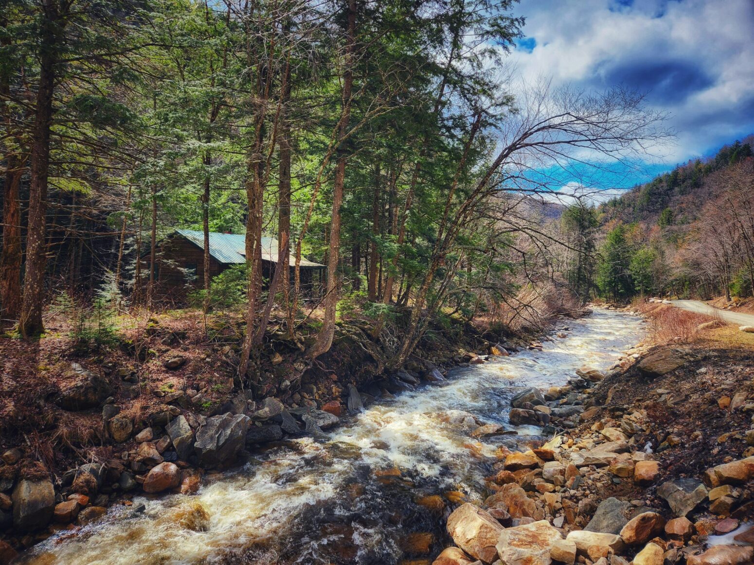 A river cuts through trees and beside a cabin.