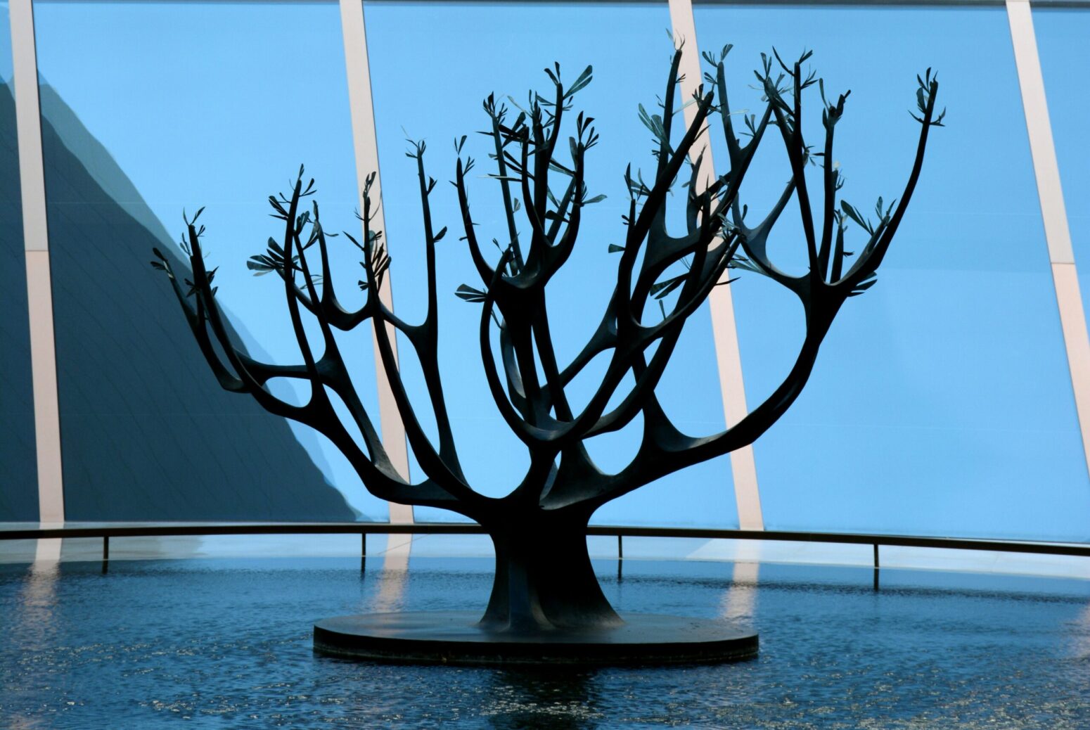 A dark sculpture of a tree with no leaves in a room with large windows.