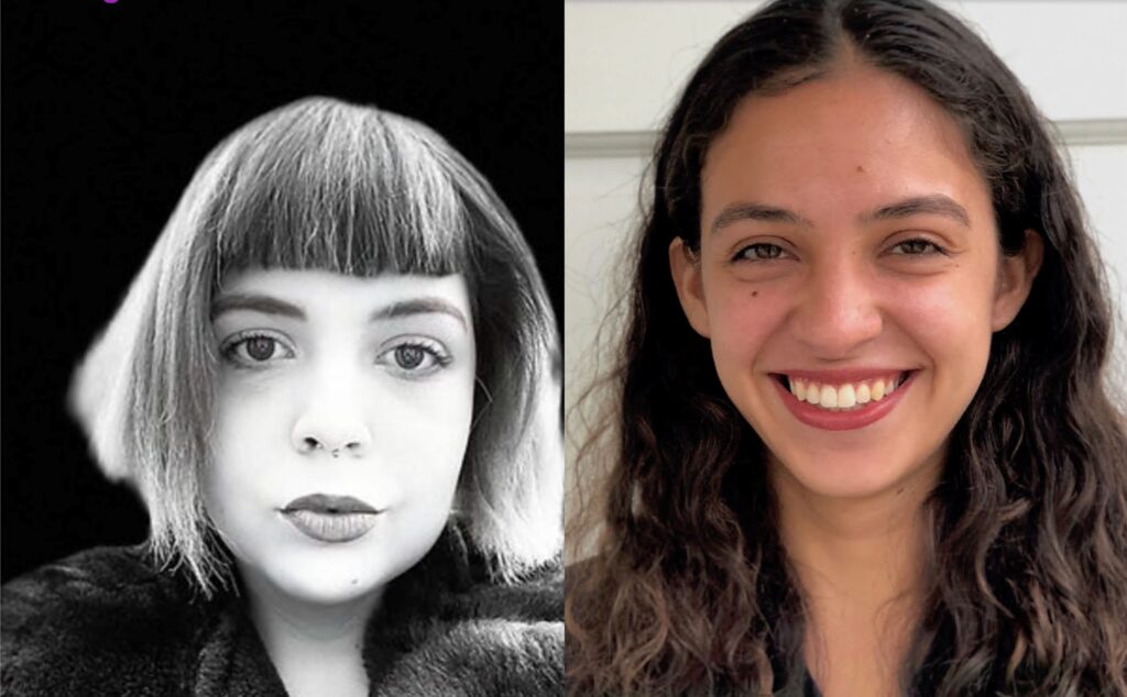 A collaged image of Giulia Sara Miori (left), shown in black-and-white looking serious, and Isabella Corletto (right), shown in color, smiling against a white background.