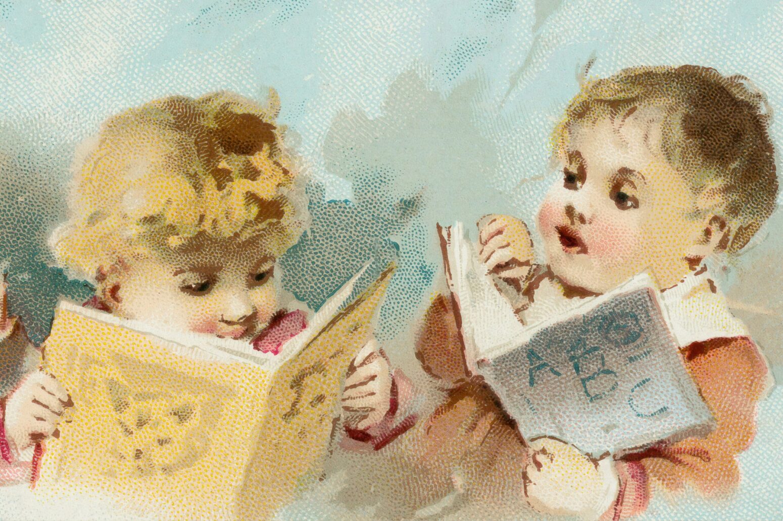 A painting of two children reading books. The boy on the right is wearing an orange jumper, facing the left, and reading a blue, ABC book. The child on the left is wearing a red jumper, facing the left, and reading a yellow book with a cat on it.