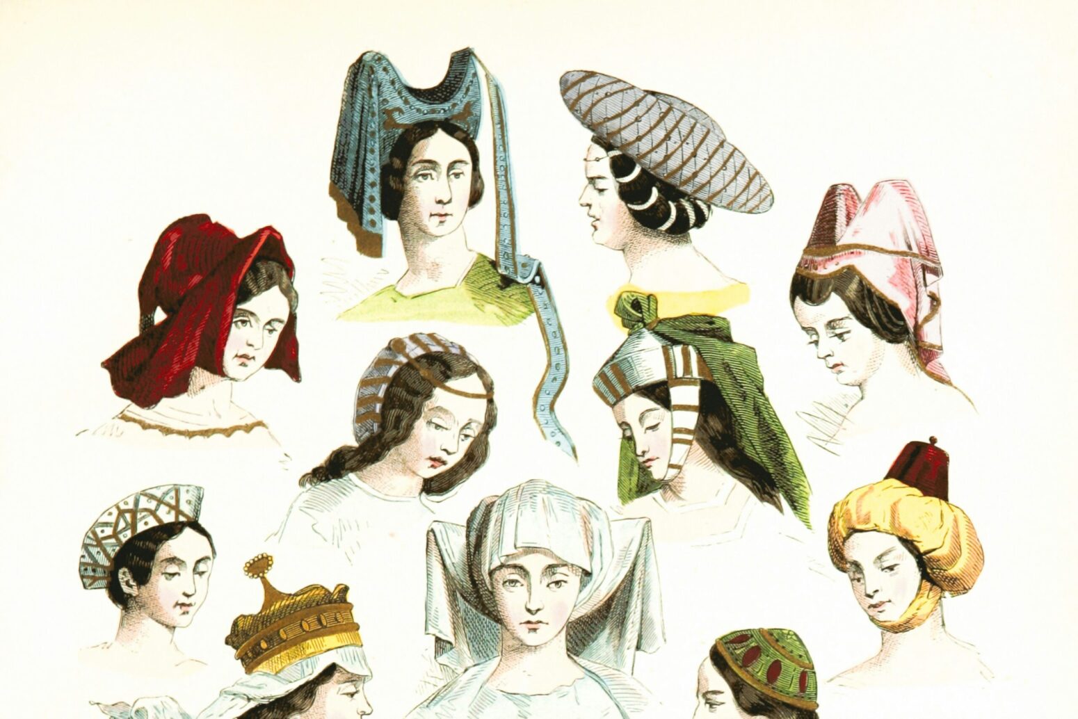 A painting of various women wearing a collection of different medieval headdresses.