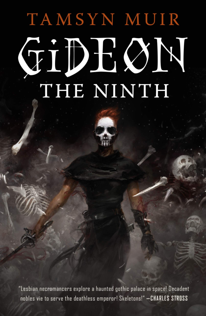 Book cover for Gideon the Ninth. A red-headed woman wearing sunglasses and corpse paint batters skeletons aside with her sword.
