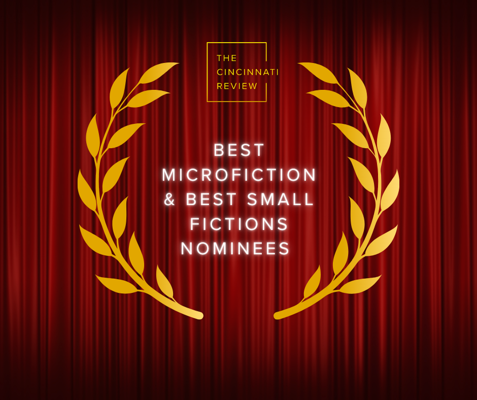 A gold laurel wreath with CR logo in gold at top, set against a background of red velvet curtains. Glowing white text in the center of the wreath reads "BEST MICROFICTION & BEST SMALL FICTIONS NOMINEES."