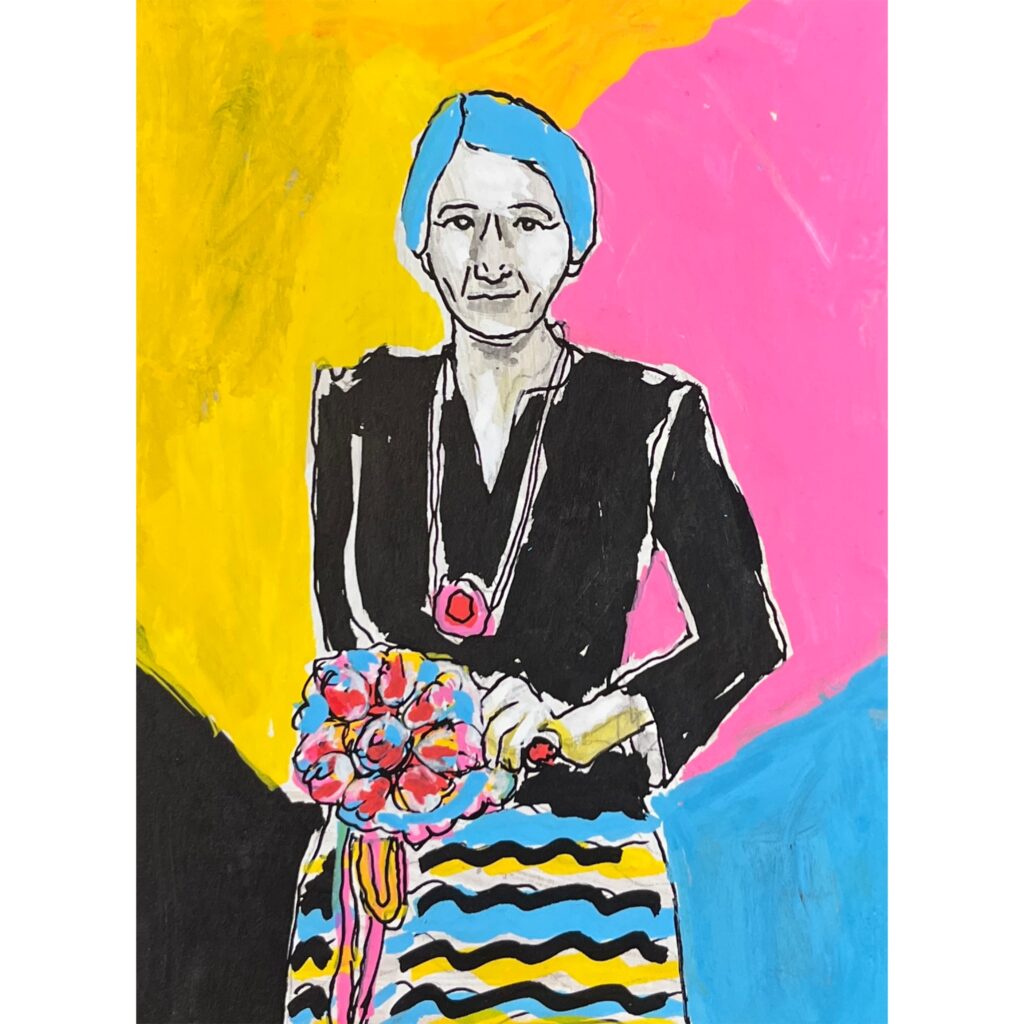 Painted sketch of George Elliston in black, pink, yellow, blue, and white. A 3/4 body view of Elliston, who holds a bouquet of flowers. she wears a black blouse and long statement necklace, and striped skirt.