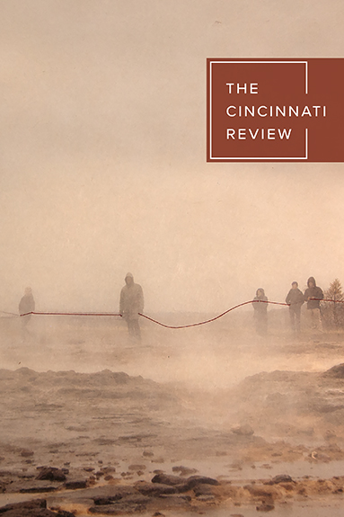 The front cover of the spring 2024 issue of The Cincinnati Review, with the logo in a maroon box and a detail from Anthropocene Mist by Katie Kindle, people shapes in a rocky or wet setting, connected by a string