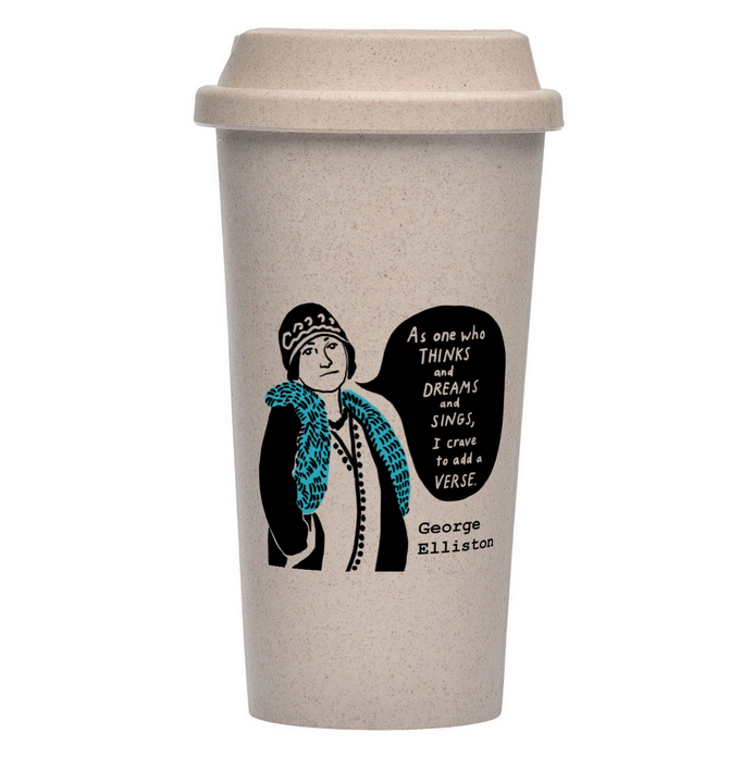 A wheat-colored, speckled eco-mug with a screw-on lid. The eco-mug is screenprinted with an illustration of George Elliston by Kelcey Ervick. Elliston wears a blue stole, cloche, long string of beads, and flapper-style dress. Her speech bubble reads: "As one who THINKS and DREAMS and SINGS, I crave to add a VERSE."