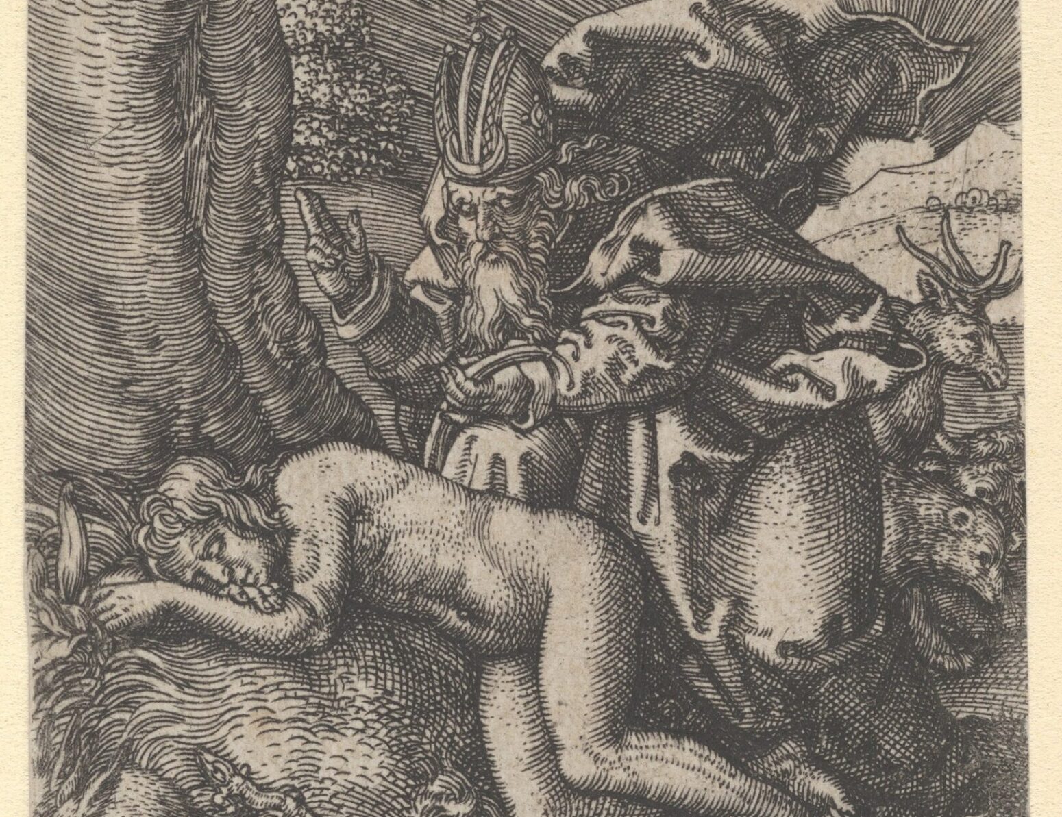 An engraving with fine lines of an old man in a kingly outfit holding a rib bone and standing over a man sleeping under a tree.
