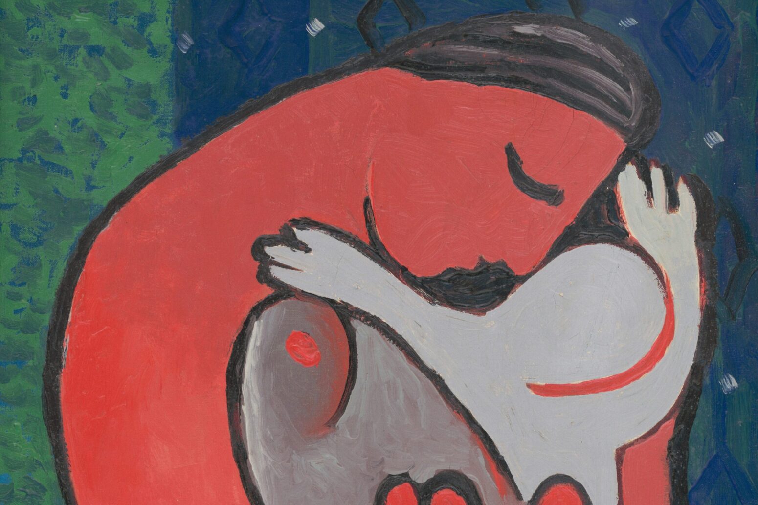 A portion of the painting Mother's Embrace by Mikuláš Galanda. A woman with her eyes closed painted in red holds a child painted in white on a blue and green background.