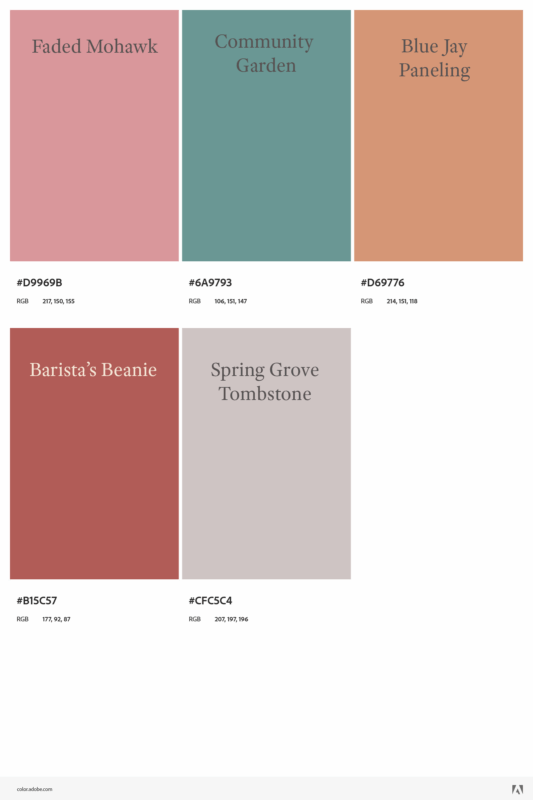 Pastel color palette based on the Northside neighborhood. Colors are called "Faded Mohawk" (a dusky rose), "Community Garden" (a blue-green), "Blue Jay Paneling" (an ochre), "Barista's Beanie" (a burnt umber), and "Spring Grove Tombstone" (a dove gray).