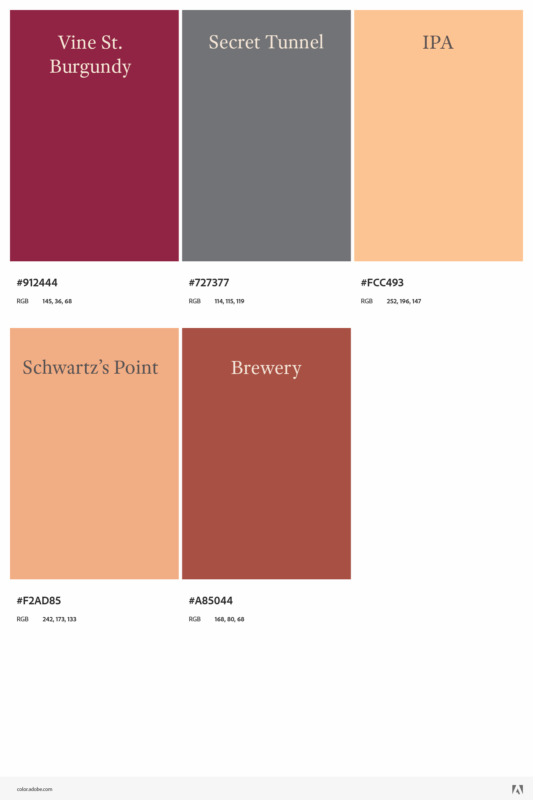 Color palette based on the Over-the-Rhine neighborhood. Colors are called "Vine St. Burgundy," "Secret Tunnel" (a neutral gray), "IPA" (a butter yellow), "Schwartz's Point" (a tan), and "Brewery" (a light-to-medium brown).