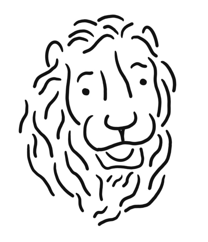 Line drawing of Mick or Mack, front view. The lion smiles goofily.