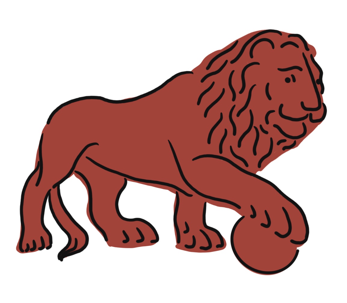 Line drawing of Mack, a lion statue based on the Medici Lions in the Piazza Della Signorina in Florence. He smiles goofily, with his right paw balanced on a ball. He looks friendly.