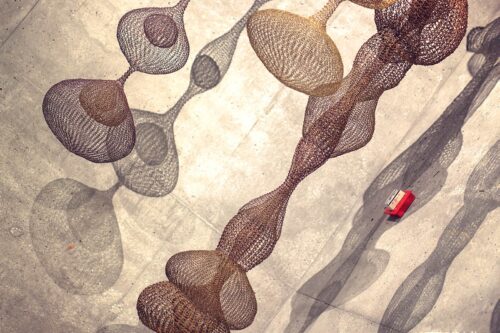 Sculptures by Ruth Asawa, made of copper wire. They are long strands of bulbous shapes. A light shines on them and they cast interesting shadows on the wall behind them.