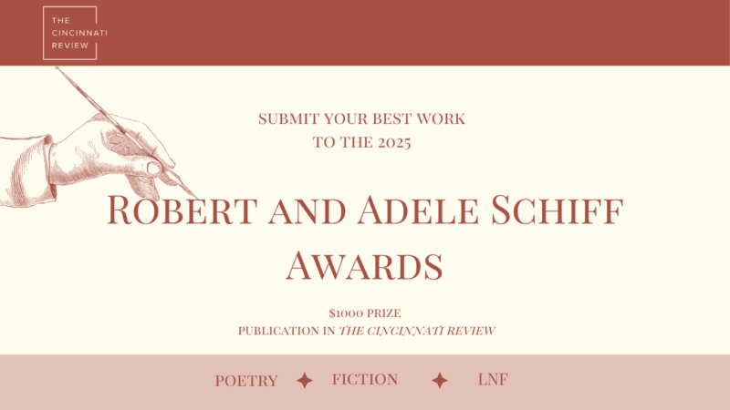 Schiff Awards graphic. A woodblock-type illustration of a hand holding a pen. Post reads: "Submit your best work to the 2025 Robert and Adele Schiff Awards. $1000 prize, publication in The Cincinnati Review. Poetry, fiction, LNF."