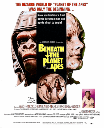 The promotional movie poster of Beneath the Planet of the Apes, with the tagline at the top: "The Bizarre World of 'Planet of the Apes' Was Only the Beginning." An ape in a helmet looks out one side of the image, a wrinkled human face on the other, with a black column between them.
