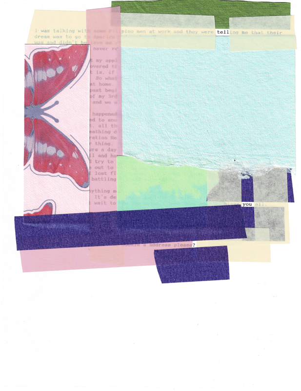 An erasure of a typewritten letter with construction paper and crepe paper (pink, purple, green, and light blue), as well as masking tape. A pink butterfly is covered up in part as well. Remaining text says "tell you?"