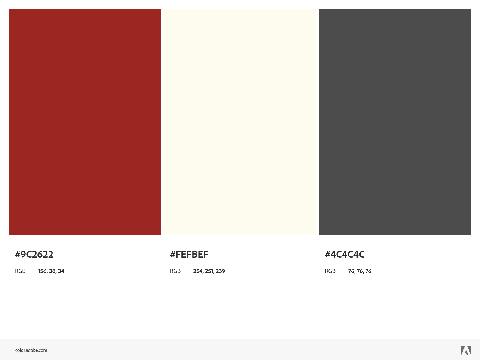 CR main color palette. From left to right: a deep red, hex #9C2622, a cream, hex #FEFBEF, and a gray, hex #4C4C4C