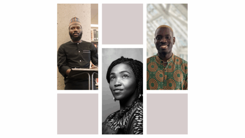 Images of three Nigerian writers, from the left: Hussain Ahmed, Frances Ogamba, and Kanyin Olorunnisola