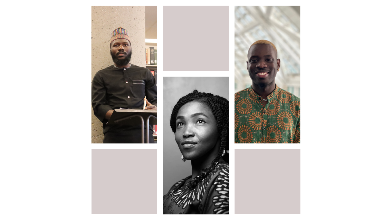 Columns with pictures of Hussain Ahmed, Frances Ogamba, and Kanyin Olorunnisola, three Nigerian writers, with taupe squares above or below each image