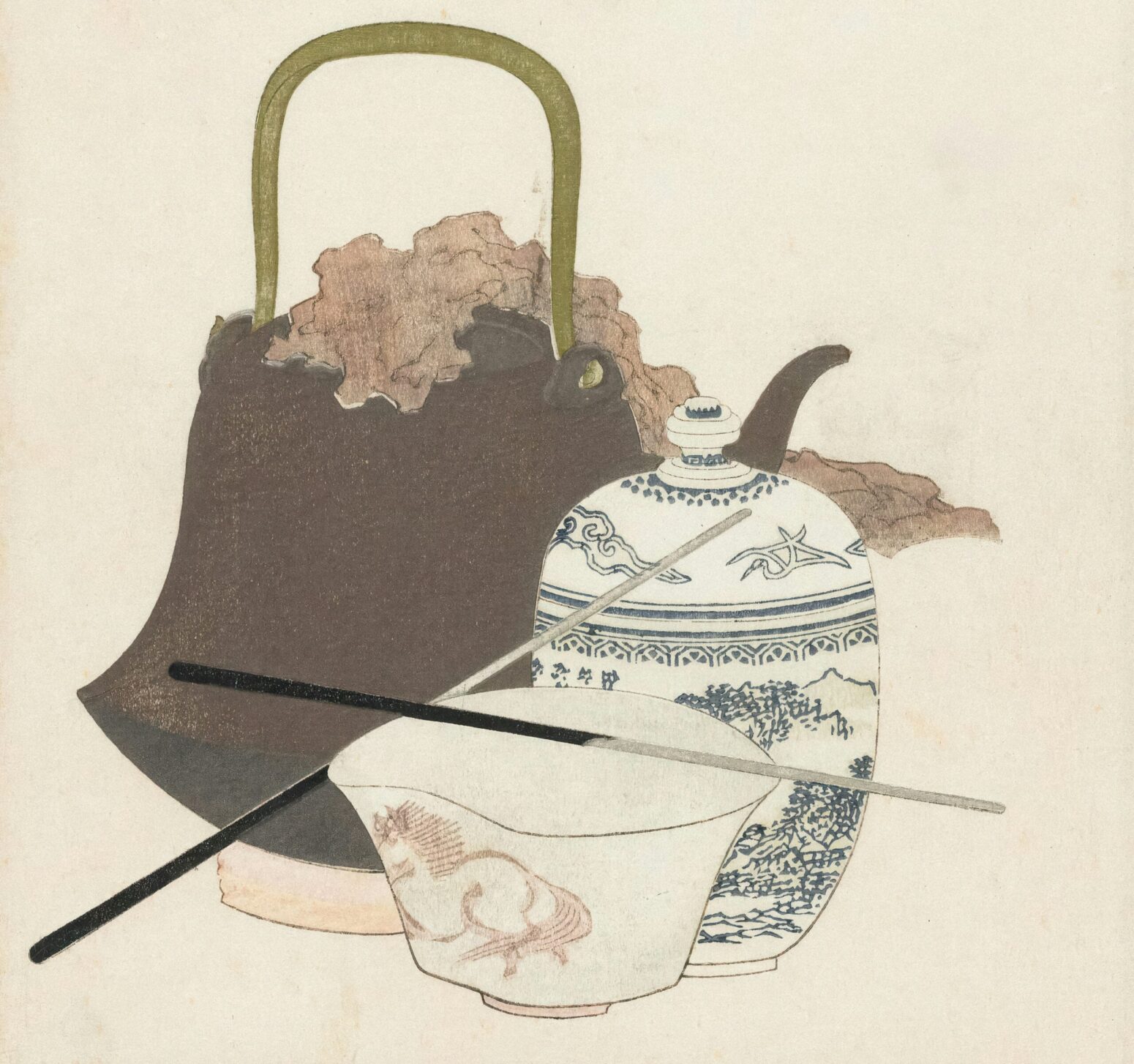 An illustration, circa 1822, of a Japanese teapot, jar, and bowl with chopsticks resting on top of it.