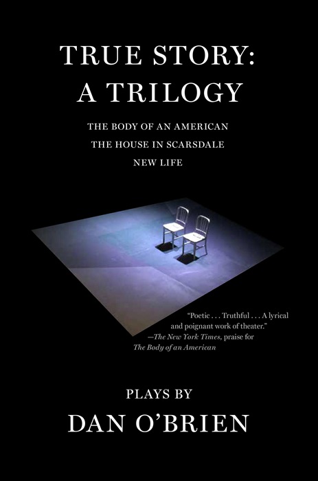 The cover of a book: True Story: A Trilogy, The Body of an American, The House in Scarsdale, New Life. there's a short note of praise from the New York Times and an image of two chairs on an otherwise empty stage. At the bottom: Plays by Dan O'Brien