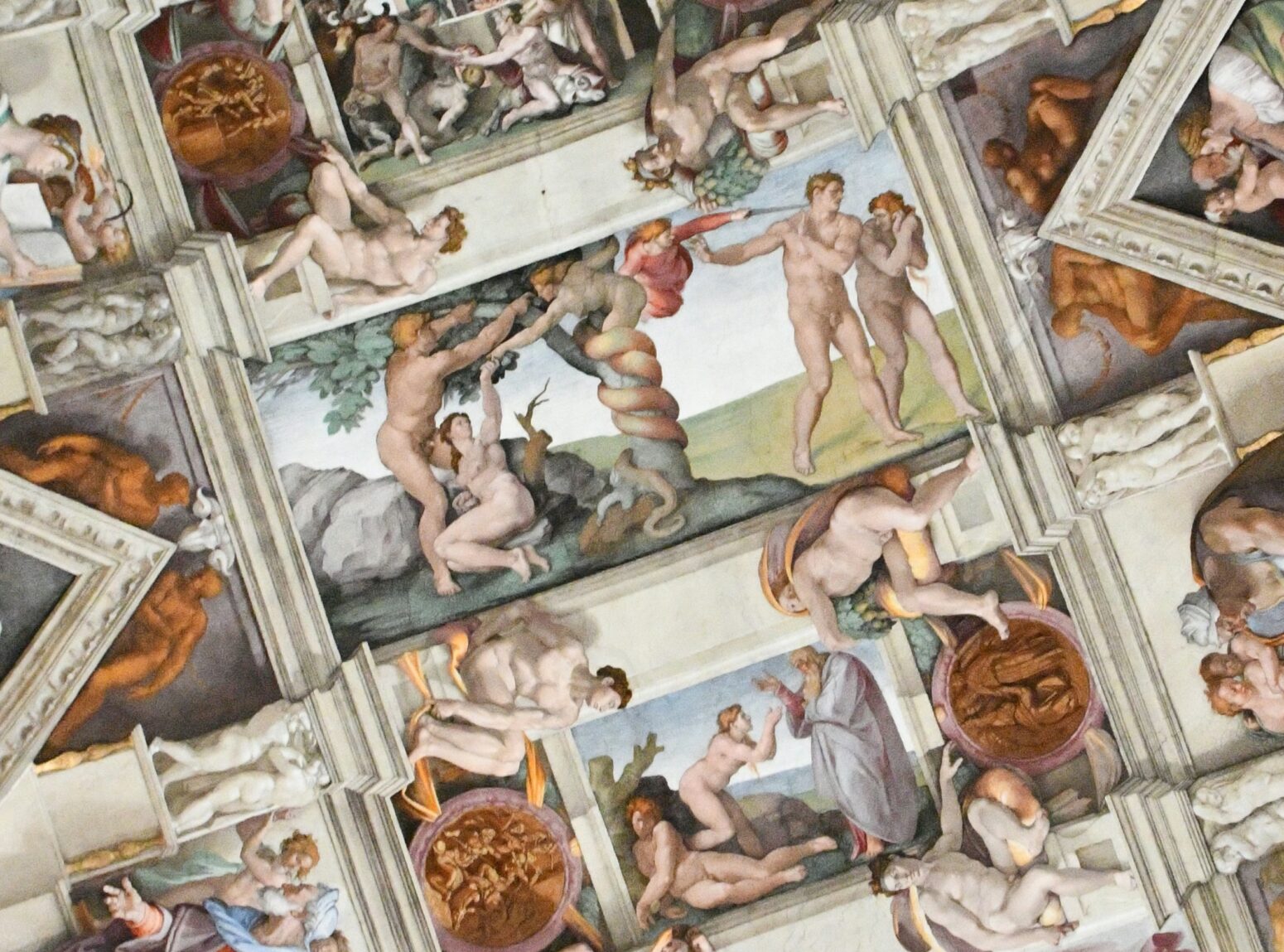 Scenes from the Sistine Chapel ceiling, including Expulsion from the Garden and The Creation of Eve