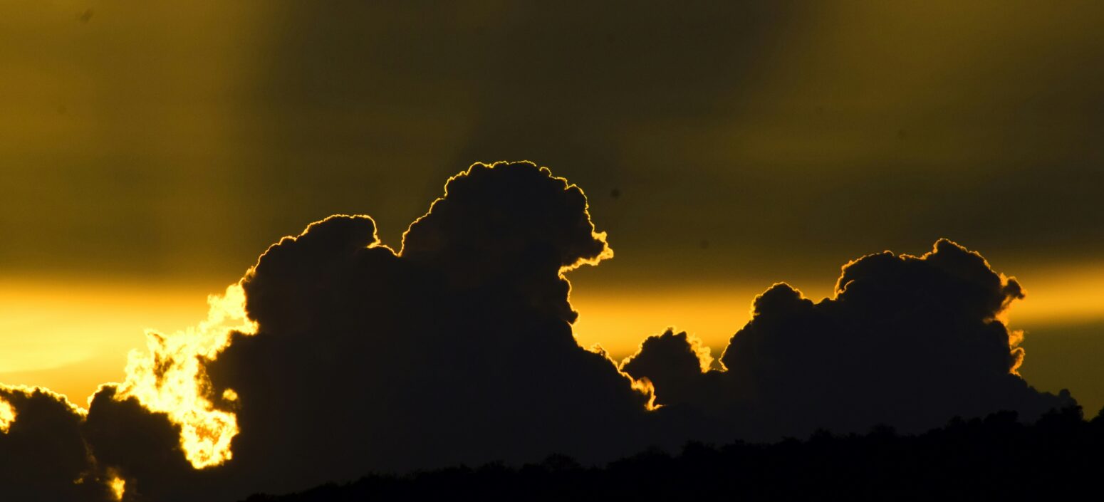 A line of curvy black clouds wisp up above a stripe of orange sunset. The sky above is growing dark.