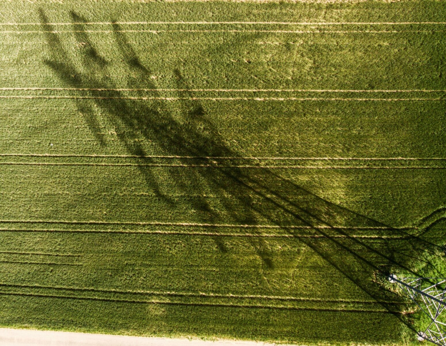 An aerial view of a field with the shadow of a transmission tower running through it.