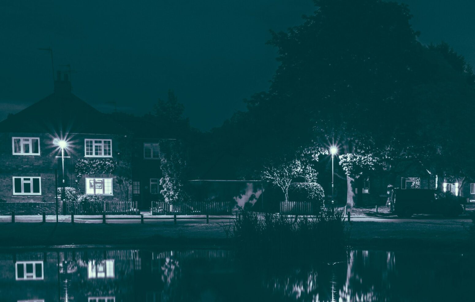 A view of a pool, house, and trees at night, all dark except two streetlights