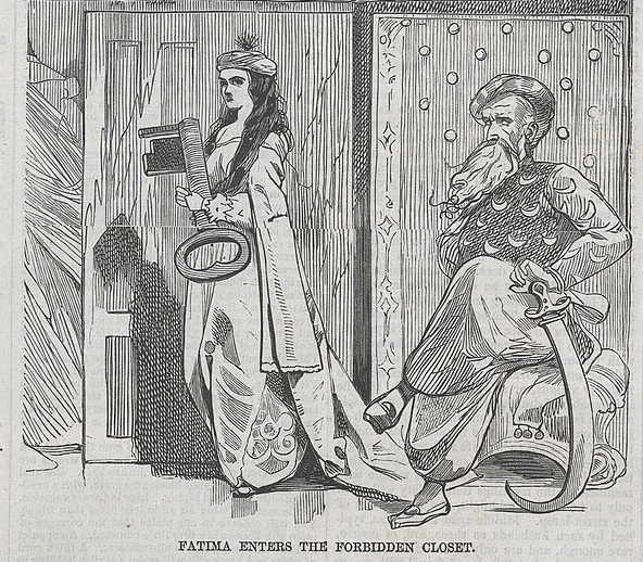 A line drawing of a woman holding a large key and a man with a beard behind her, holding a long curved sword. The bottom says "Fatima Enters the Forbidden Closet."