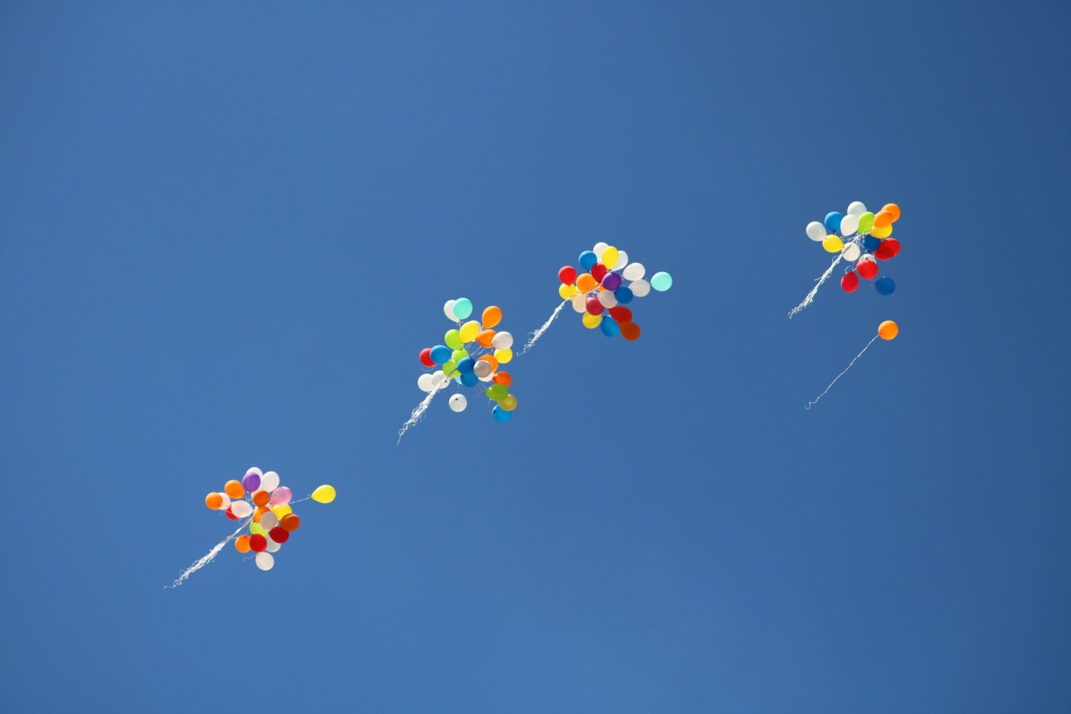 Bunches of multicolored balloons floating away against a bright blue sky.
