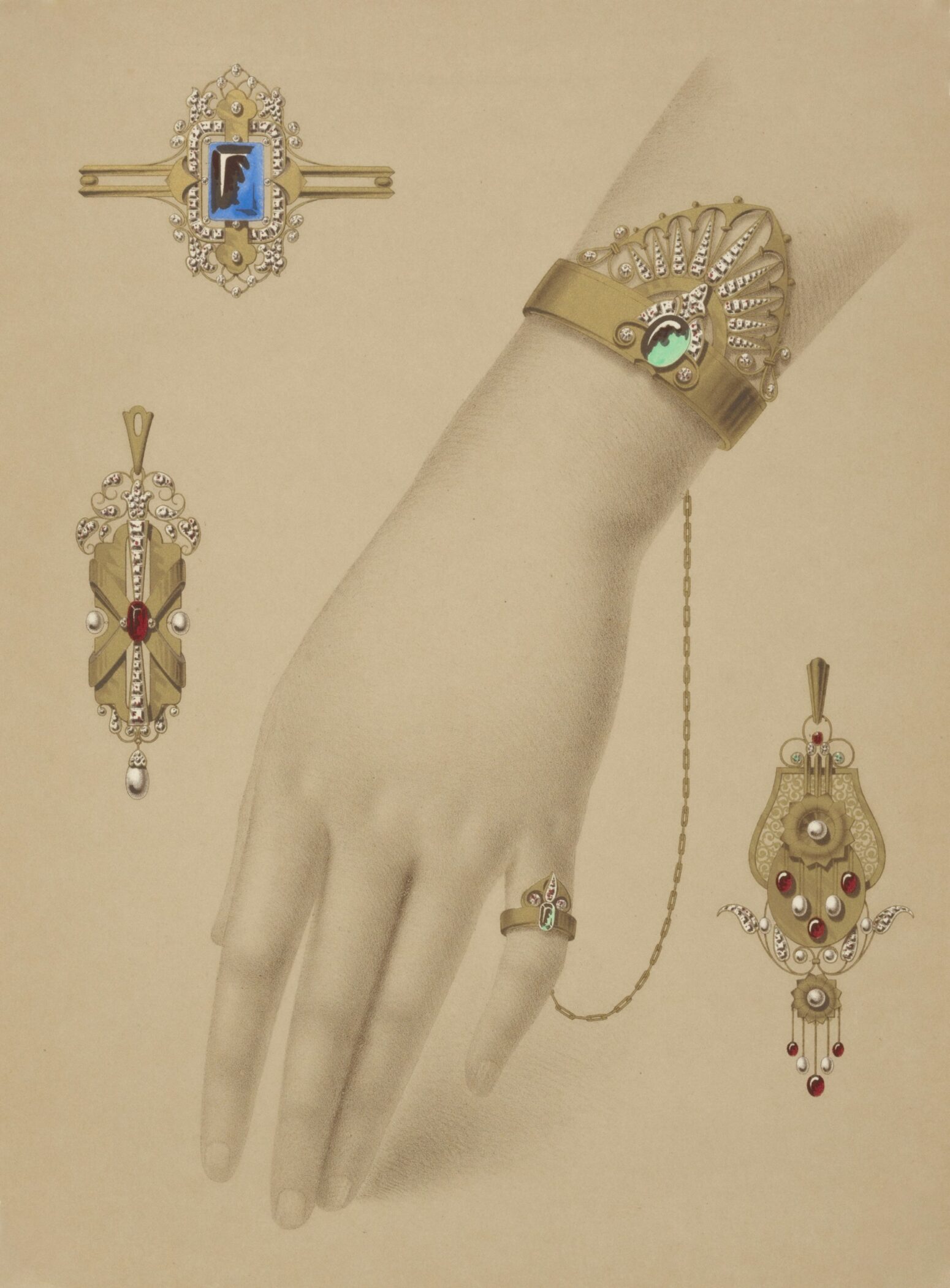 An illustration of a hand wearing elaborate jewelry--a bejeweled ring that connects to a bracelet. Surrounding the hand are further illustrations of fine, bejeweled jewelry.