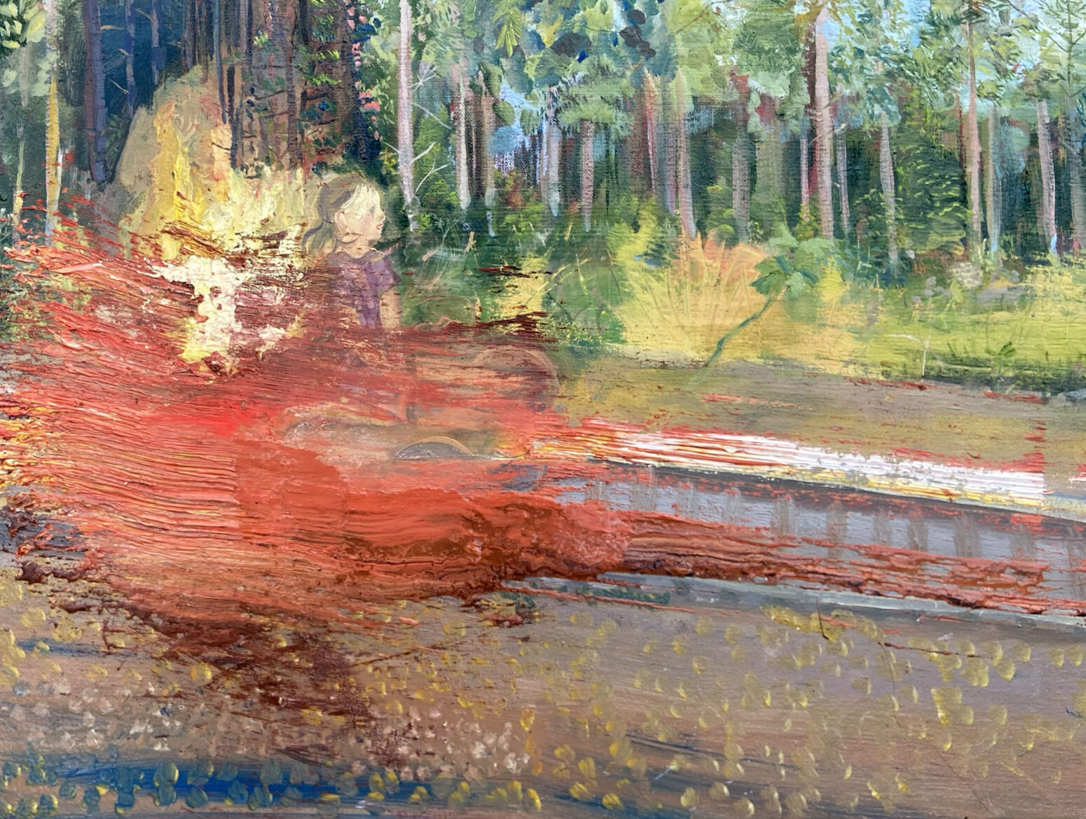 Oil painting of a little girl engulfed in flames in front of a forest. The image is roughly painted and representational, with bright splashes of color indicating flames.