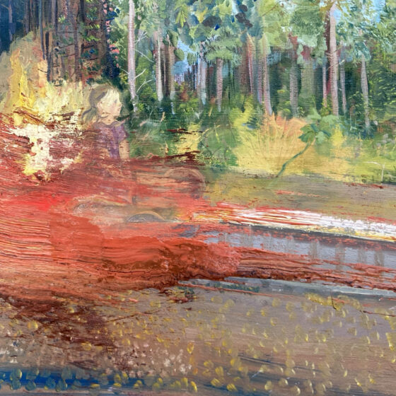 Oil painting of a little girl engulfed in flames in front of a forest. The image is roughly painted and representational, with bright splashes of color indicating flames.