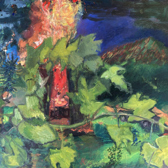 Abstract painting of flames shooting up from a verdant forest. Bright green leaves are in the foreground while a blue, smoke-filled sky is in the background.