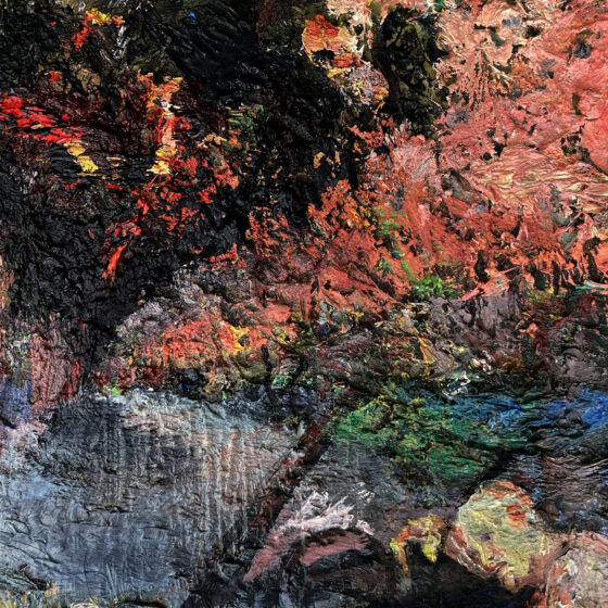 Abstract oil painting representative of flames over a building. A male figure in the foreground seems to lie prone with his eyes open.