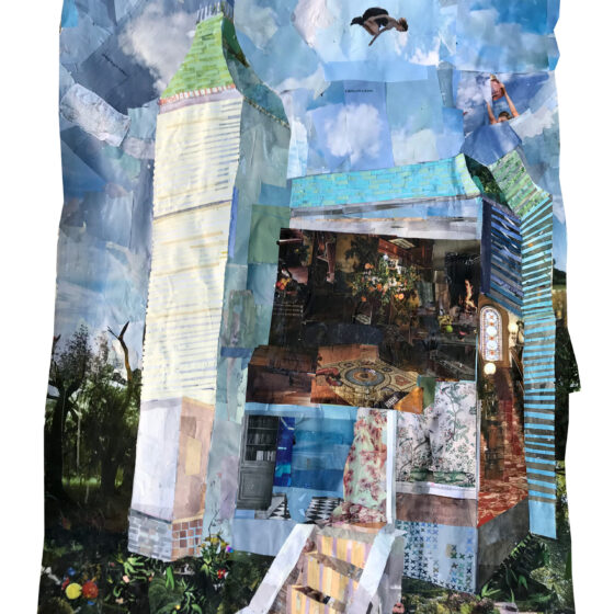 Vertical collage of a house composed of different interior and exterior materials. The house appears to have a Victorian-style cupola and front steps, but is twisted and off-balance.