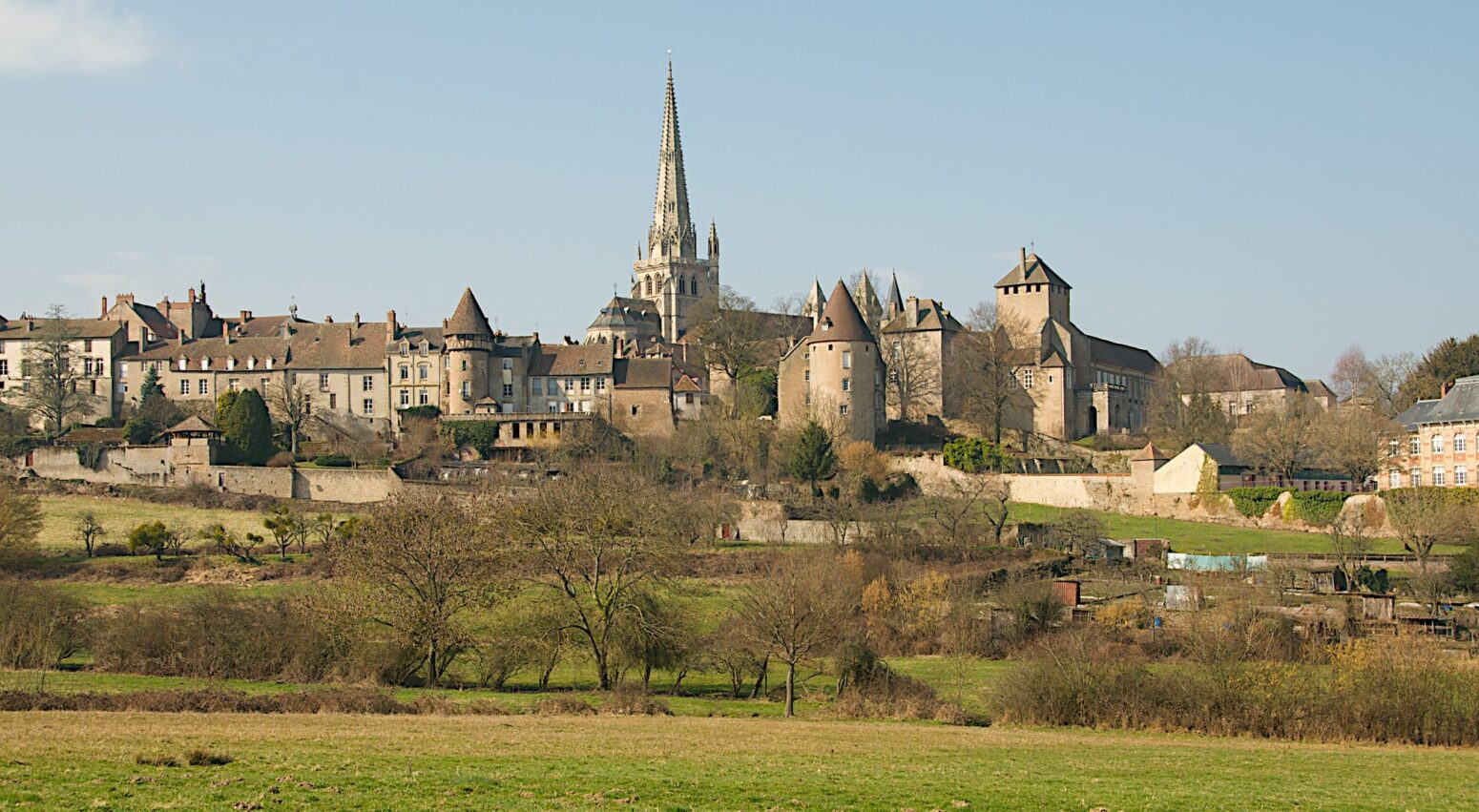 A picture from afar of the town of Autun, France, a medieval city with a tall cathedral. It's on a hill with green grass and trees in the foreground