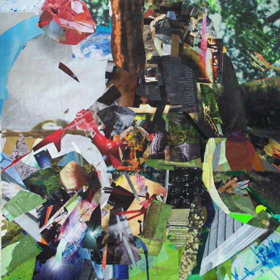 Abstract collage of magazine clippings implying a verdant background and chaos in the center.