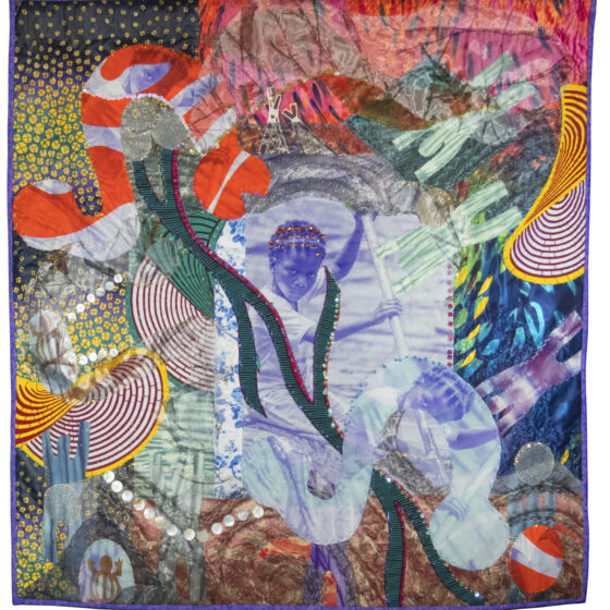 In the center of this quilt is a picture, overlayed in blue, of a black child with short hair, looking intently at the camera and paddling a boat. What looks like vines made out of green ribbon go over the picture diagonally from left to right. At the top left is a snake-shaped cut-out that is orange and white. At the bottom right is a similar snake-shaped cut-out, but this one is made up of the blue photograph.