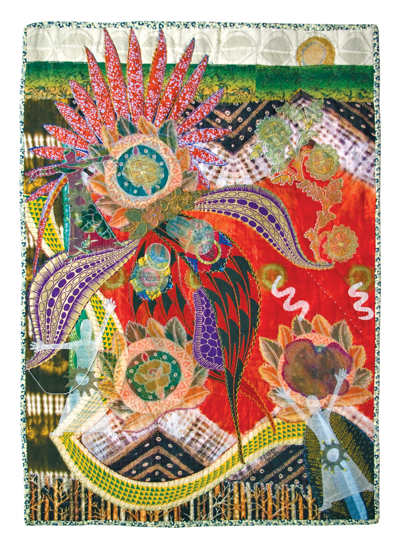 A quilted piece with various designs all over it. On the left, from top to bottom, is a red flower, a purple, cut-out of a person holding their arms out, blue and white-dotted leaves, a flower within another flower, and a light-blue cut-out of a person raising their left hand. On the right, from top to bottom, is a green plant, pink, squiggly lines, a flower within a flower, a white cut-out of a person holding their hands up, and a green leaf. The background of the scene is all sorts of patterns, primarily black stripes, stripes of a forest scene, and plain red.