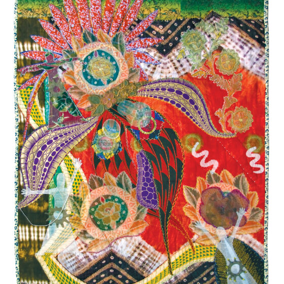 A quilted piece with various designs all over it. On the left, from top to bottom, is a red flower, a purple, cut-out of a person holding their arms out, blue and white-dotted leaves, a flower within another flower, and a light-blue cut-out of a person raising their left hand. On the right, from top to bottom, is a green plant, pink, squiggly lines, a flower within a flower, a white cut-out of a person holding their hands up, and a green leaf. The background of the scene is all sorts of patterns, primarily black stripes, stripes of a forest scene, and plain red.