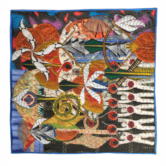 The background of this piece is mostly black, with some blue on the left side. White cut-outs of people raising their arms line the right side until halfway up. Their hands are black and outlined in red. Two, overlapping, orange circles are in the top-left corner, while one orange circle is in the top-right corner. On the left of the rightward circle is a bow drawn back with an arrow that is pointing to the left at what appears to be a thin, black-and-white flower.