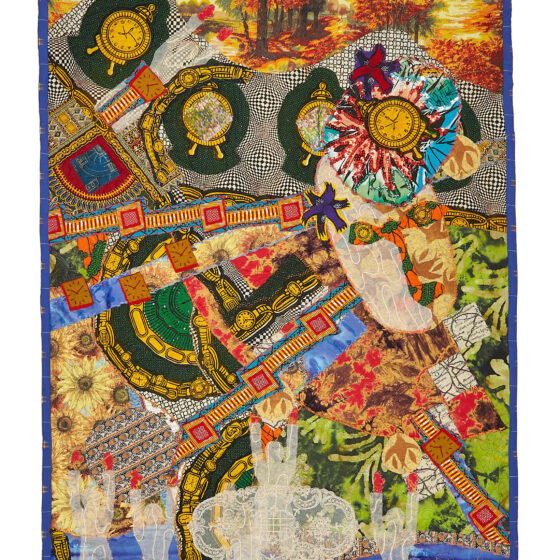 At the top of the quilt is a scene from a forest in Autumn, with trees and paths. Underneath it are four golden clocks in a line. The thee left-most clocks are outlined in dark green, and over a black-and-white checkered background. The right-most clock is on a colorful background that overlaps with the clock next to it. The clocks closest to the center have patches over their faces with an abstract field with pink flowers on them. Chains of what appear to be golden watches stretch all over the quilt in different styles. The bottom background is completely blue, the bottom-left is of sunflowers, and the bottom-right is of green plants.