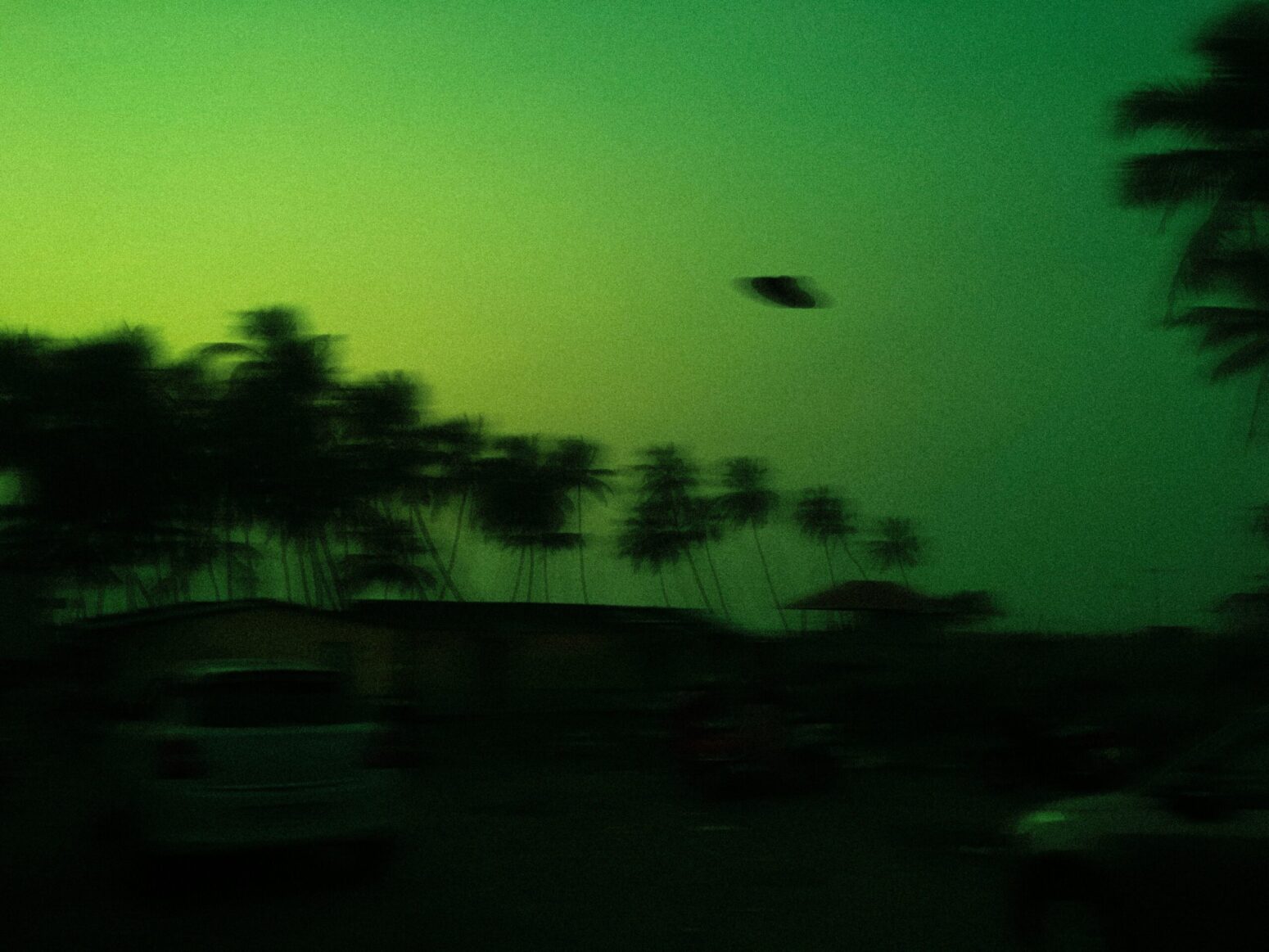 A blurry silhouette of palm trees on a hill against a green sky. The silhouette of a UFO flies in the sky.