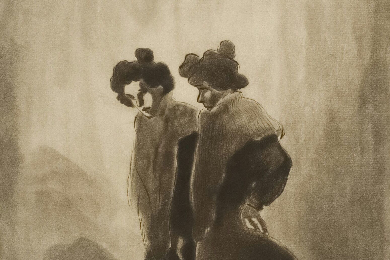 An art piece titled "Two Women" by Théophile-Alexandre Pierre Steinlen. The piece depicts two women, with their hair up in buns, and walking toward the left. One women looks forward, the other looks at the other woman. They both wear dresses and furs, with high-heeled shoes.
