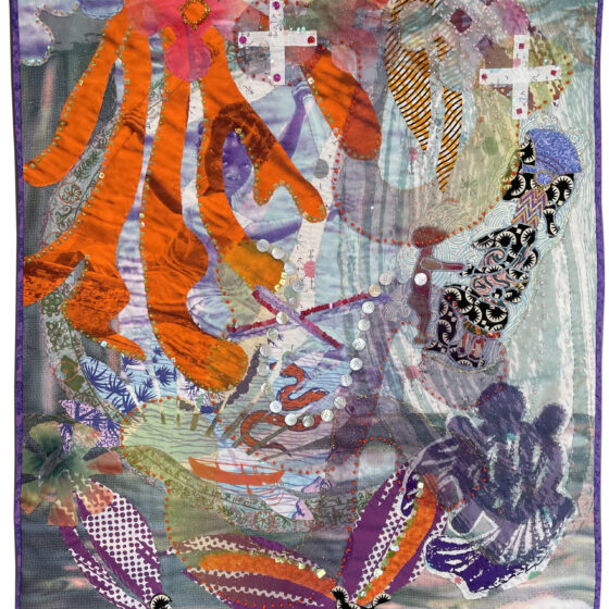 This piece has a mostly gray-and-blue-patterned background. Red, abstract drip-lines cascade from the left corner. White crosses appear to the left of the top-middle and on the top-right. A black cut-out of a woman sits on a stool, holding a brown cut-out of a child's hand on the middle right. Below it is a navy, airbrushed-looking turtle. A wave of white buttons connects the child to the red drip lines.