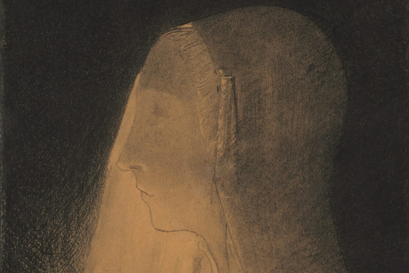 An art piece titled "The Book of Light" by Odilon Redon. It is a charcoal drawing, depicting a woman with a hood, looking to the left in the dark. A light shines up onto her face.