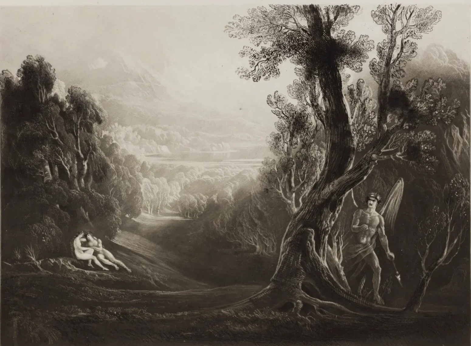 A plate etching from the 1820s of a scene from John Milton's Paradise Lost in which Satan, with large wings, is standing behind a tree looking enviously at Adam and Eve on the left